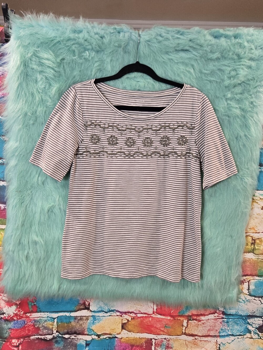 Talbots Gray And Green Striped Crew Neck  Embroidered  Short Sleeve Top Size M